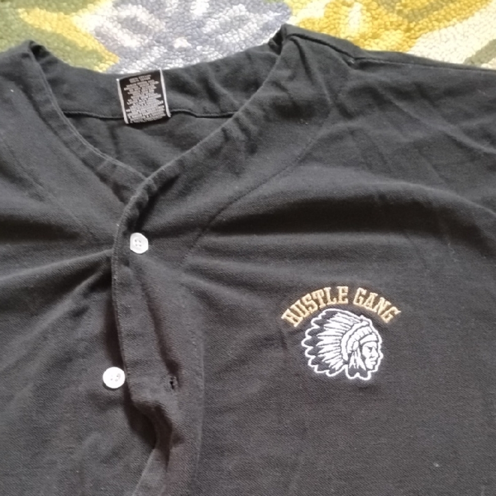 Men's Black Large Hustle Gang Streetwear Polo Shirt Native American Indian